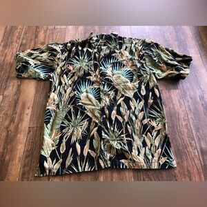 Joe Marlin Hawaiian Shirt Mens Large Tropical Floral Black Green Tan Short Beach